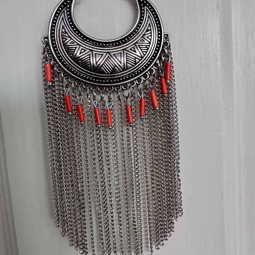 Silver and Orange Bohemian Fringe Necklace & Earring set